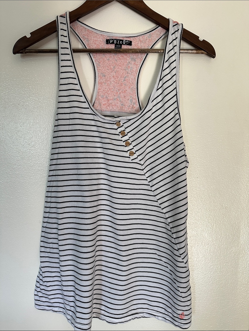 Volcom White and Black Striped Racerback Tank with Wooden Button Detail